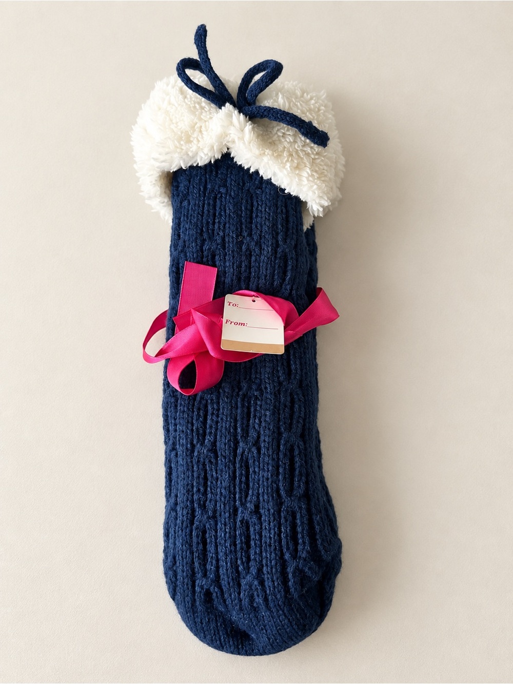 Simon de Winter Navy Cozy Knit Slipper Socks Faux Fur Cuffs NWT